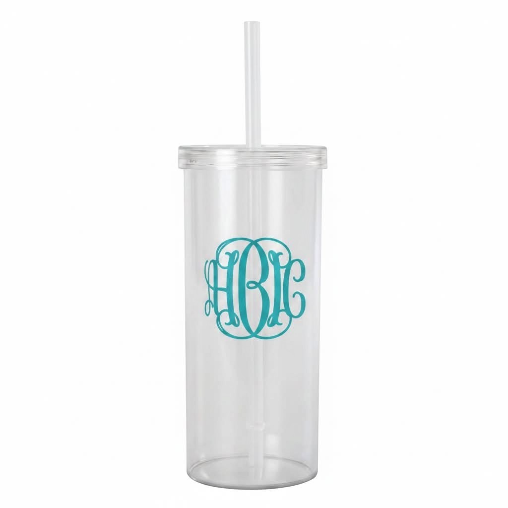 Lakelynns Designs clear acrylic tumbler with teal monogram and straw. Perfect for cold drinks.