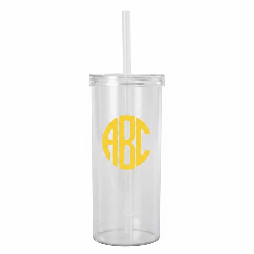 Lakelynns Designs clear acrylic tumbler with yellow monogram and straw. Perfect for cold drinks.