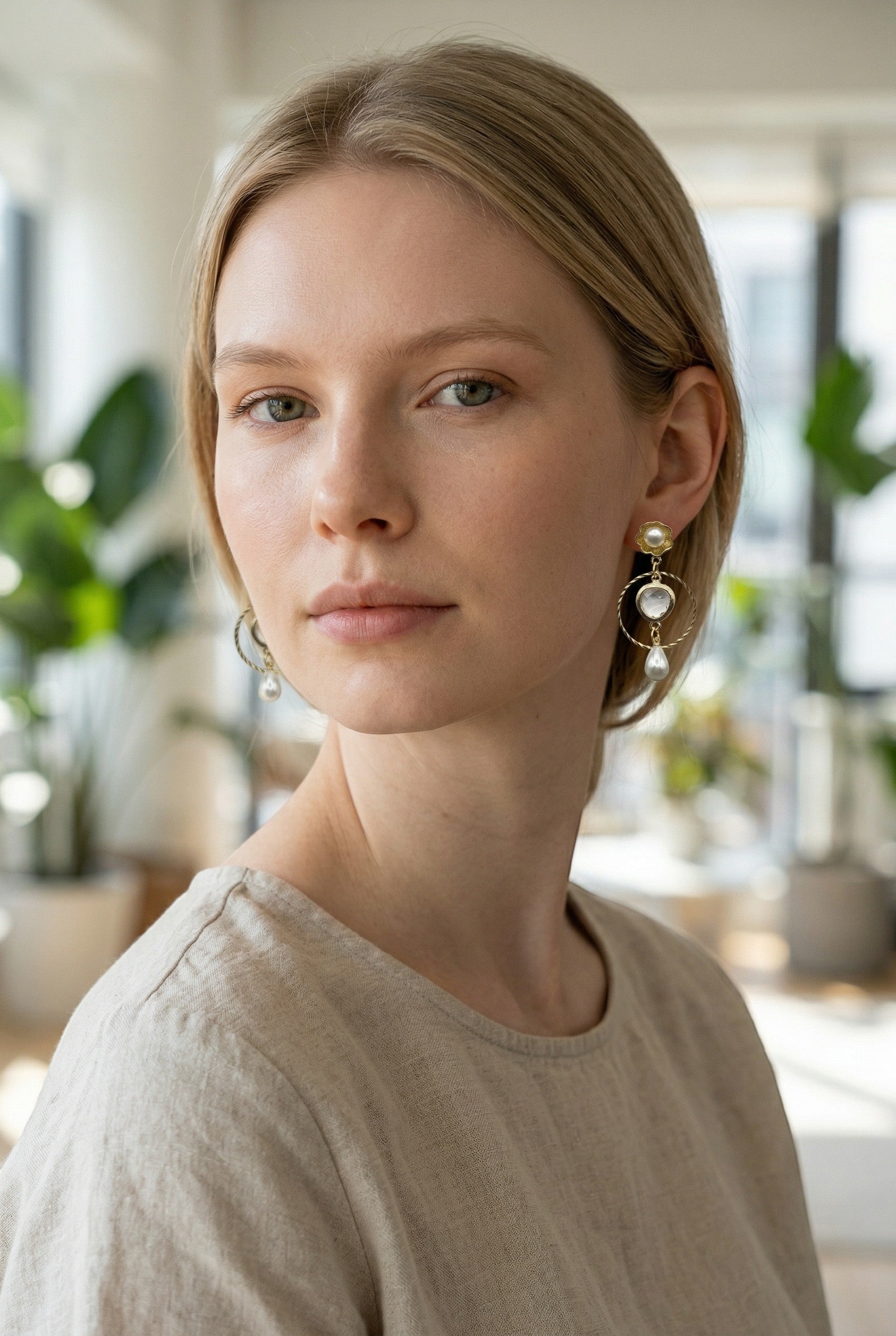 Lakelynns Designs Waverly pearl and crystal hoop earrings with floral accents and a teardrop pearl.