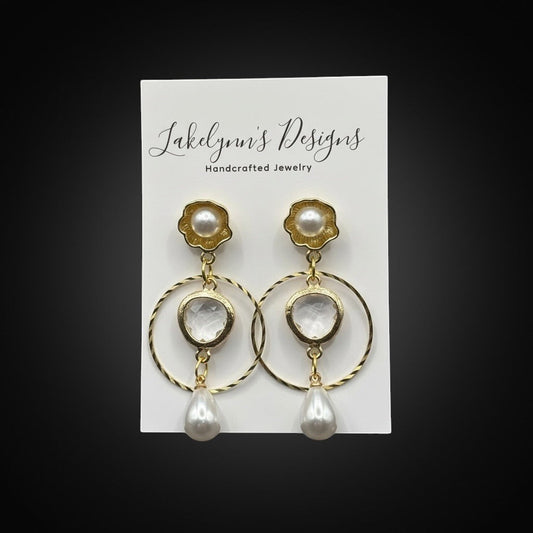 Lakelynns Designs Waverly elegant pearl and crystal hoop earrings with floral accents and teardrop pearls.