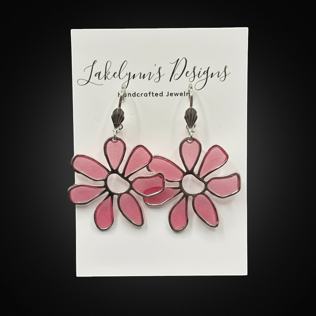 Lakelynns Designs pink flower dangle earrings with silver metal border and lever-back closure.