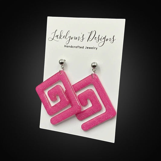 Lakelynns Designs pink glitter resin geometric spiral dangle earrings with diamond shape