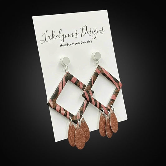 Lakelynns Designs Remy Rhombus Shape Dangle Earrings with pink and brown stripes and copper teardrop charms.