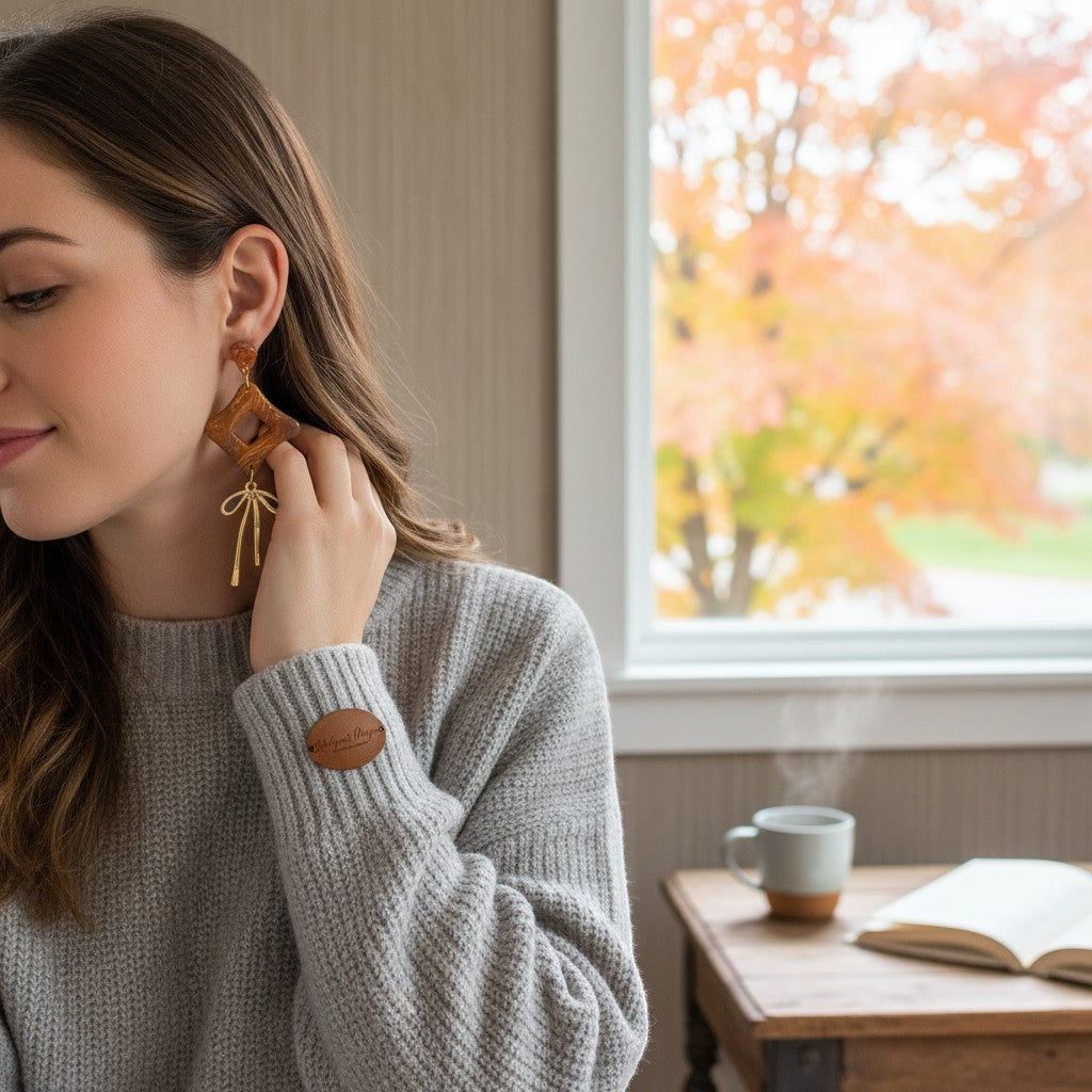 Lakelynns Designs rhombus dangle earrings with abstract marbled pattern in warm tones and gold bow charm.