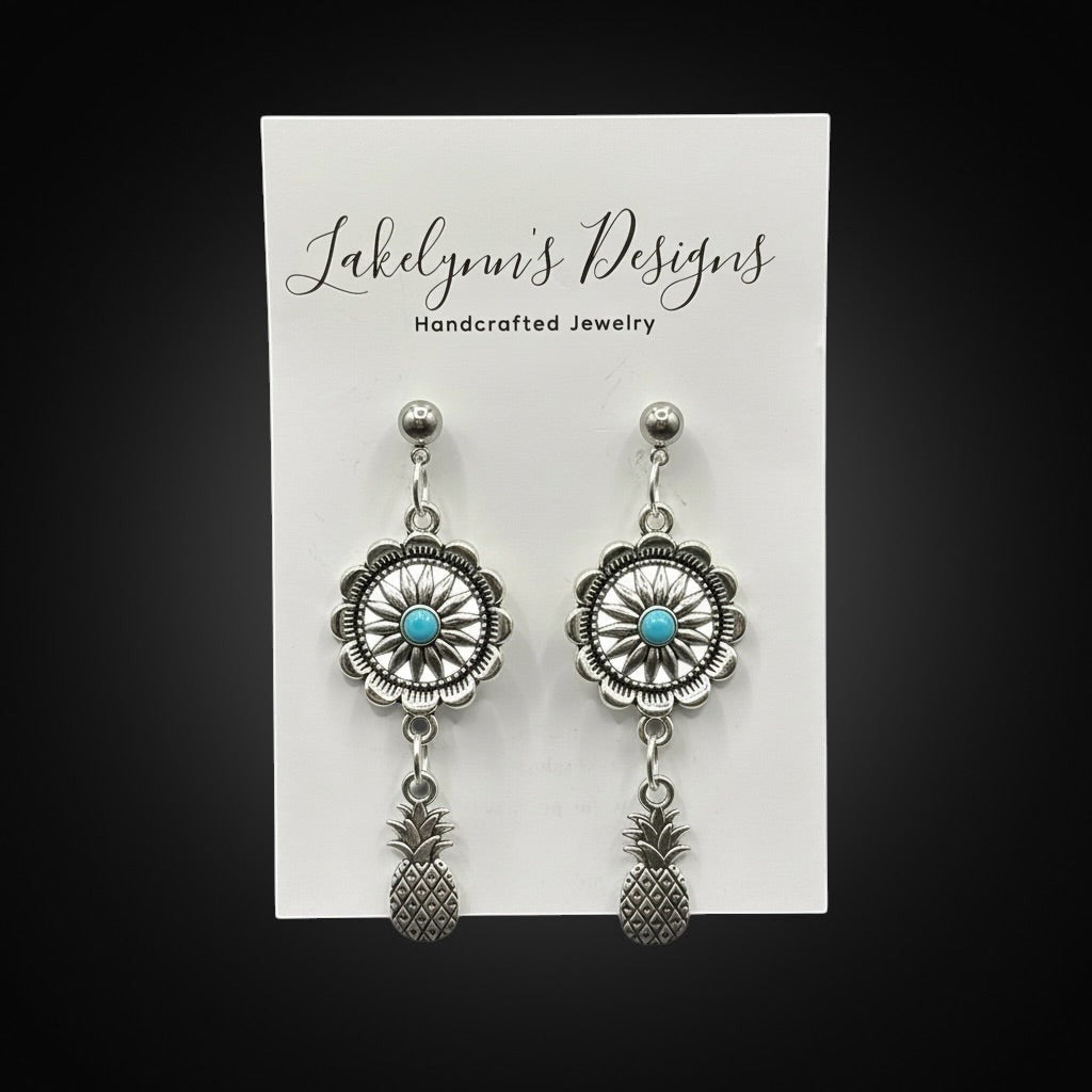 Lakelynns Designs silver-tone dangle earrings with turquoise center concho and pineapple charm.
