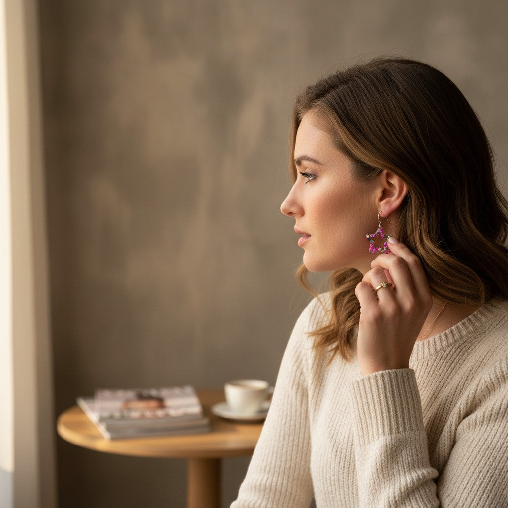 Lakelynns Designs multi-colored glitter star hoop earrings with silver-toned hook closure on a woman.