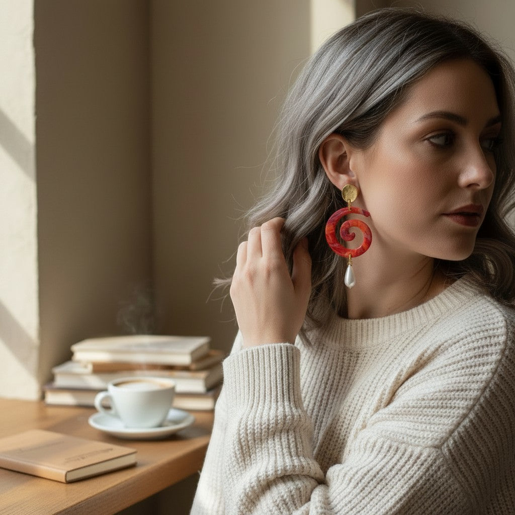 Lakelynns Designs Emi Swirl Drop Earrings with pearl accent in red, orange, and pink marbled acrylic.