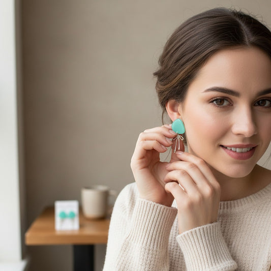 Lakelynns Designs Evelyn Teardrop Bow Earrings: translucent teal teardrop with silver bow charm, dangling earrings.