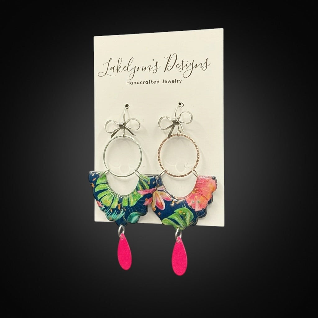 Lakelynns Designs fan earrings with tropical print, hot pink teardrop, and silver hoops. Hypoallergenic fishhook backing.