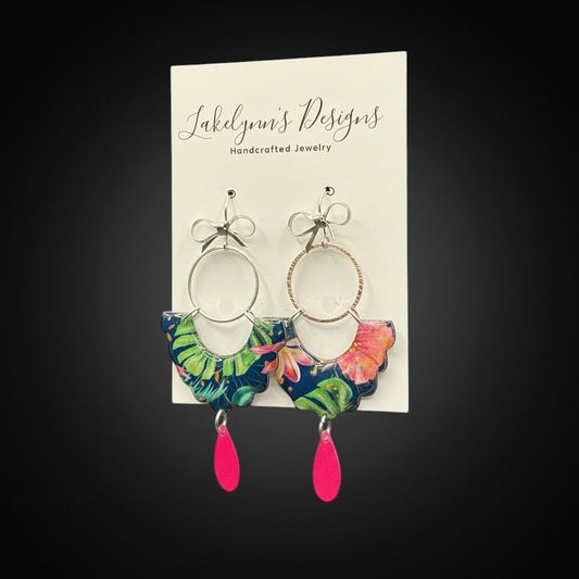 Lakelynns Designs fan earrings with tropical print, hot pink teardrop, and silver hoops. Hypoallergenic fishhook backing.