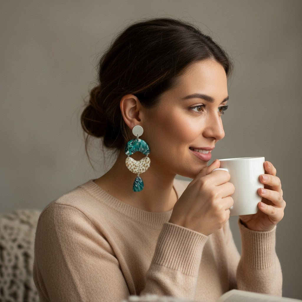 Lakelynns Designs dangle earrings with tropical leaf and leopard print, green, blue, gold, cream