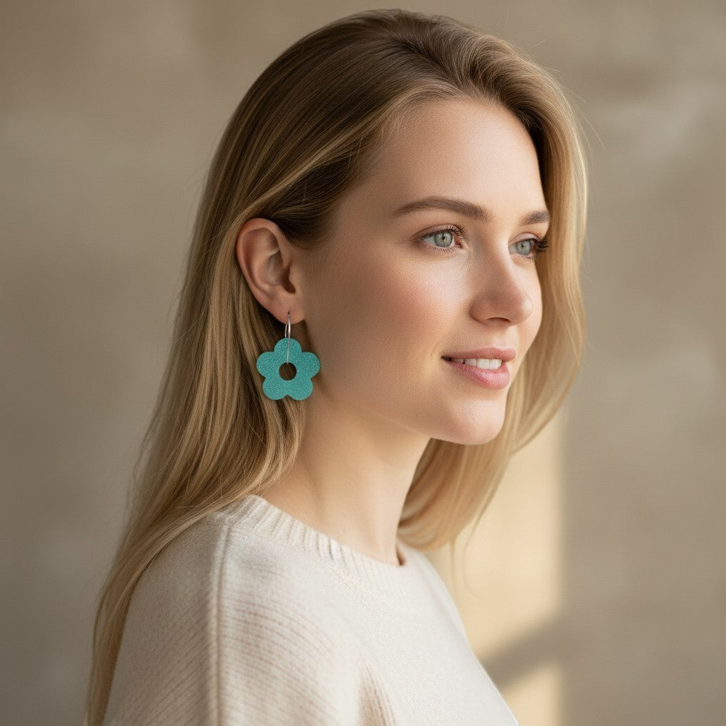 Lakelynns Designs turquoise flower hoop earrings with a retro floral design.