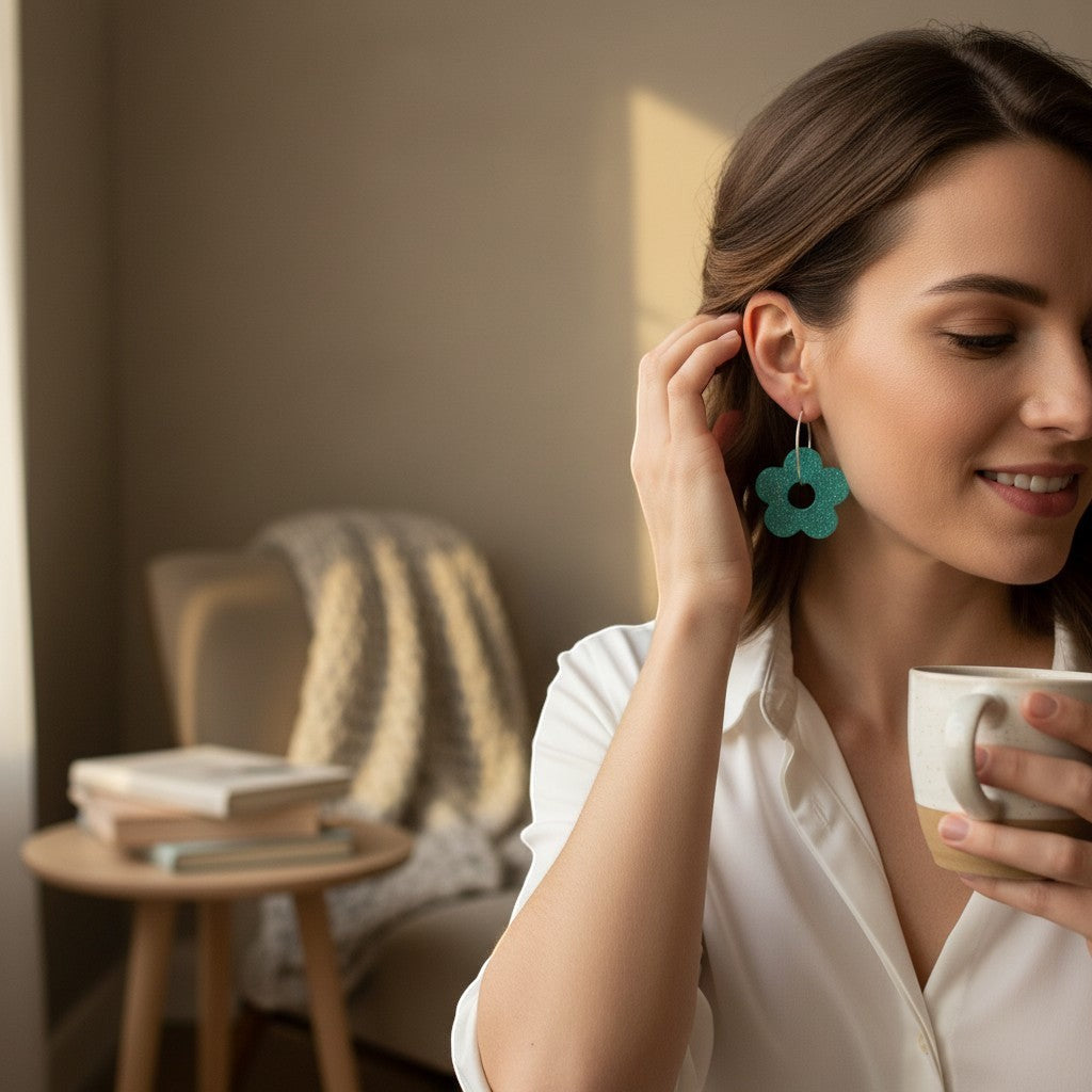 Lakelynns Designs turquoise flower hoop earrings with a retro floral design. Lightweight and comfortable for all-day wear.