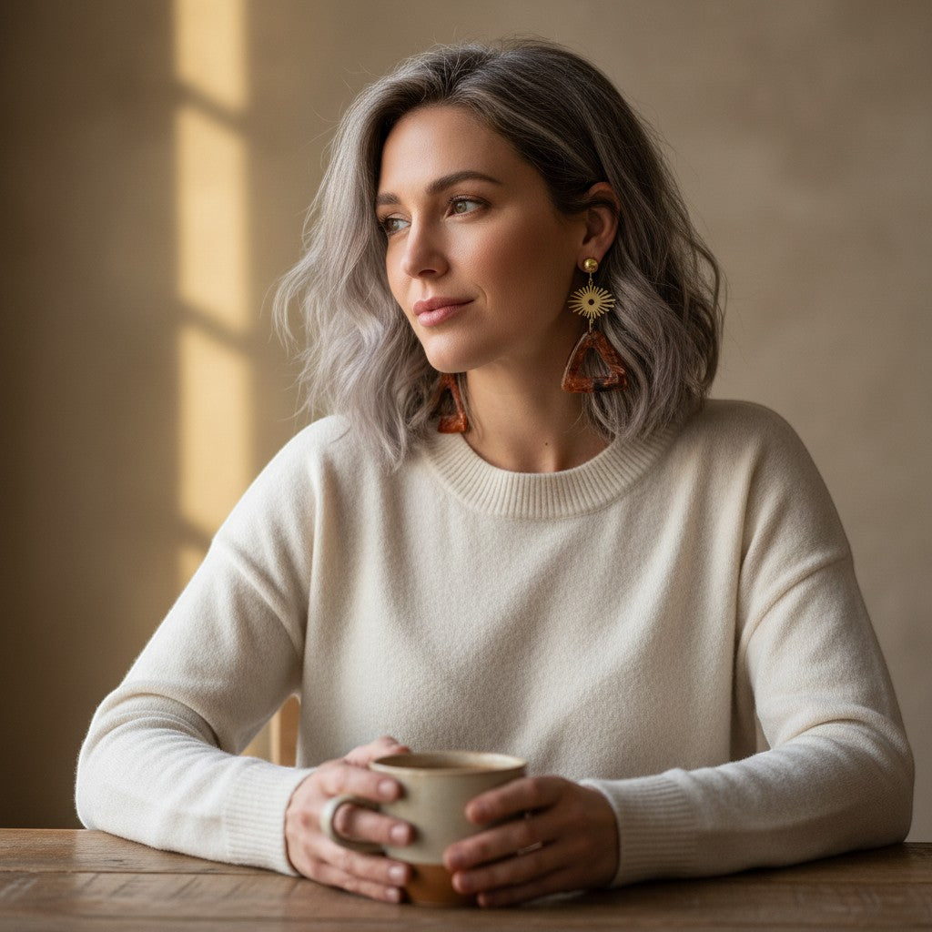 Lakelynns Designs Vianne abstract triangle dangle earrings with sunburst gold-tone accents and marbled earth tones.