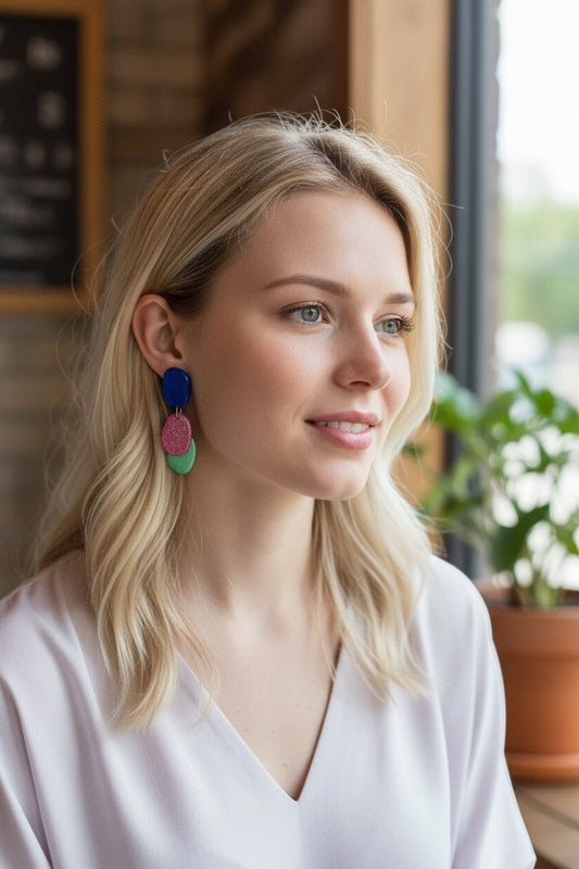 Lakelynns Designs abstract dangle earrings: royal blue, glitter hot pink, and mint green.