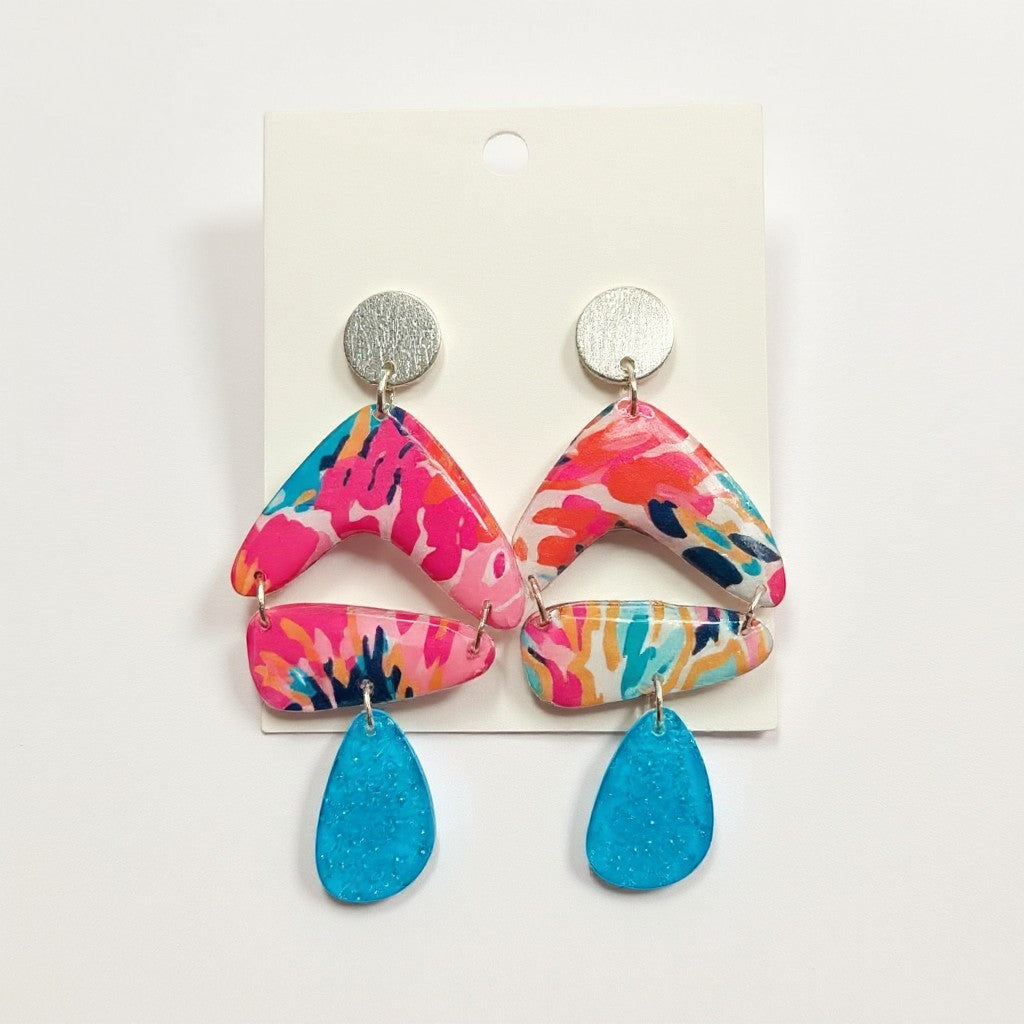 Lakelynns Designs Wrenlee Abstract Pattern Dangle Earrings with fuchsia, teal, orange, and navy blue watercolor design.