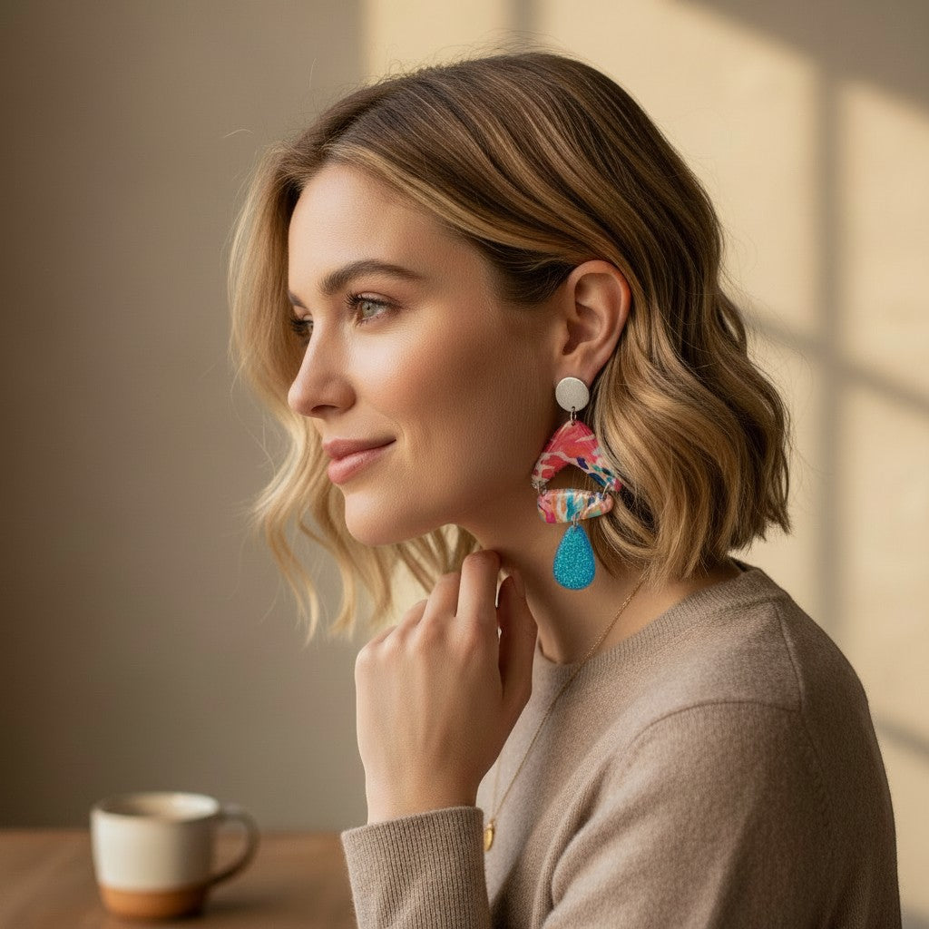 Lakelynns Designs Wrenlee abstract statement earrings with floral print and blue teardrop charm.