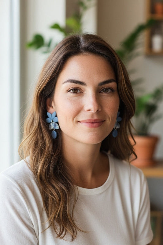 Lakelynns Designs Xandra blue floral statement earrings with marbled semi-circle charms and teardrop accent, made from polymer clay.