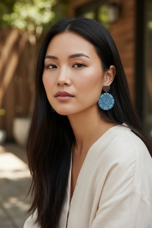 Lakelynns Designs Xena Floral Heart Earrings: blue floral charms on wooden heart tops, bohemian style.