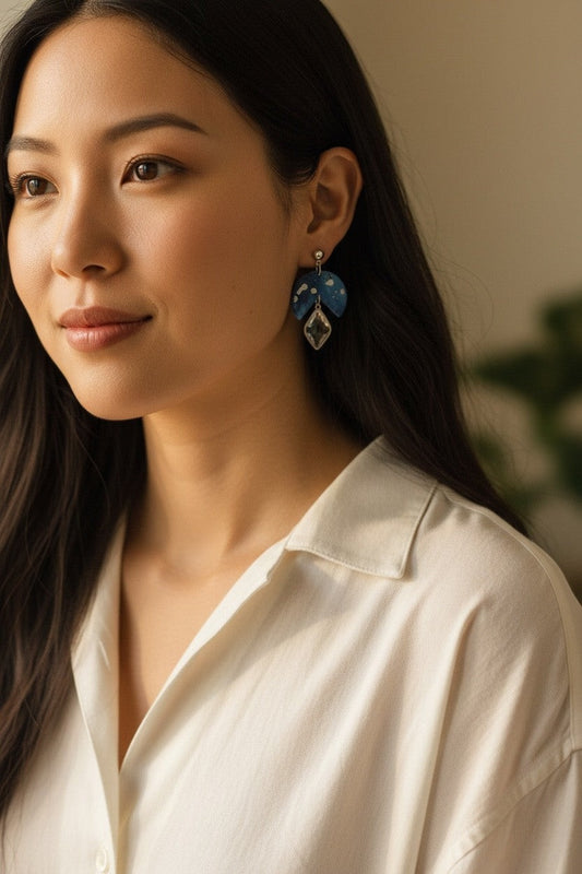 Lakelynns Designs Zaylee blue marbled geometric dangle earrings with faceted gemstone.